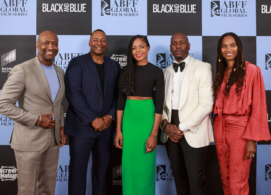 Photo from Black and Blue premiere at the last installment of ABFF Global - From left to right: Jeff Friday, Founder and CEO, ABFF Ventures LLC, Deon Taylor, Director, Black and Blue, Naomie Harris, actress, Black and Blue, Tyrese Gibson, actor, Black and Blue, Nicole Friday, President, ABFF Ventures LLC