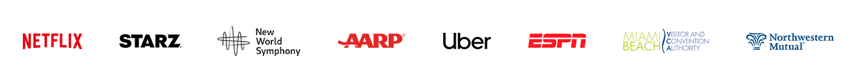 Netflix, STARZ, New World Symphony, AARP, Uber, ESPN, Miami Beach Visitor and Convention Authority, Northwestern Mutual